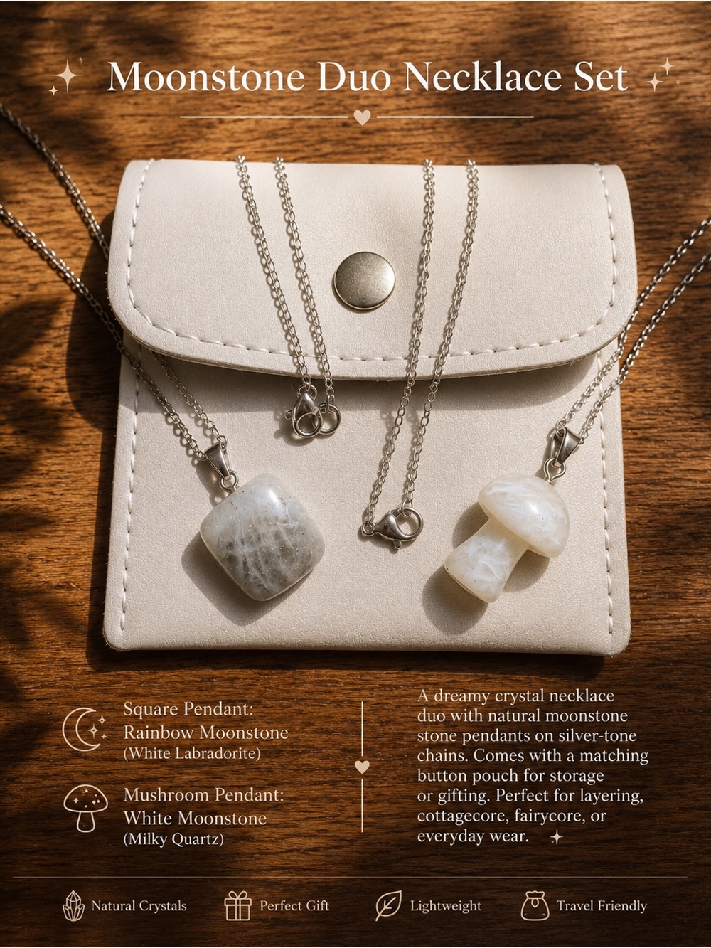Moonstone Duo Necklace Set — White Moonstone Pendants on Silver Chains